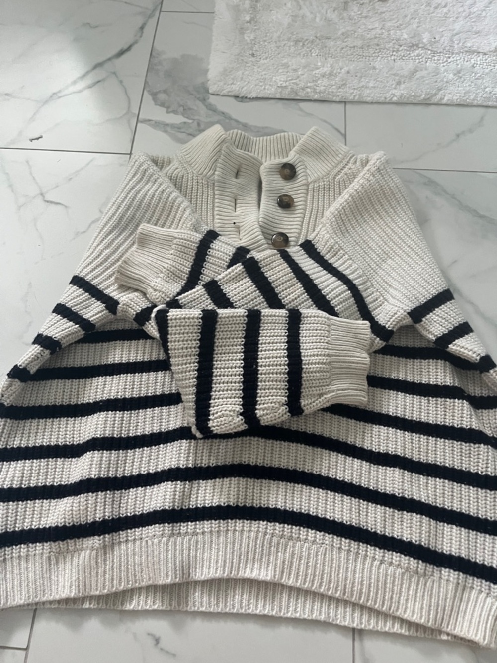 Sezane Cream and Navy Striped Button-Neck Turtleneck Sweater